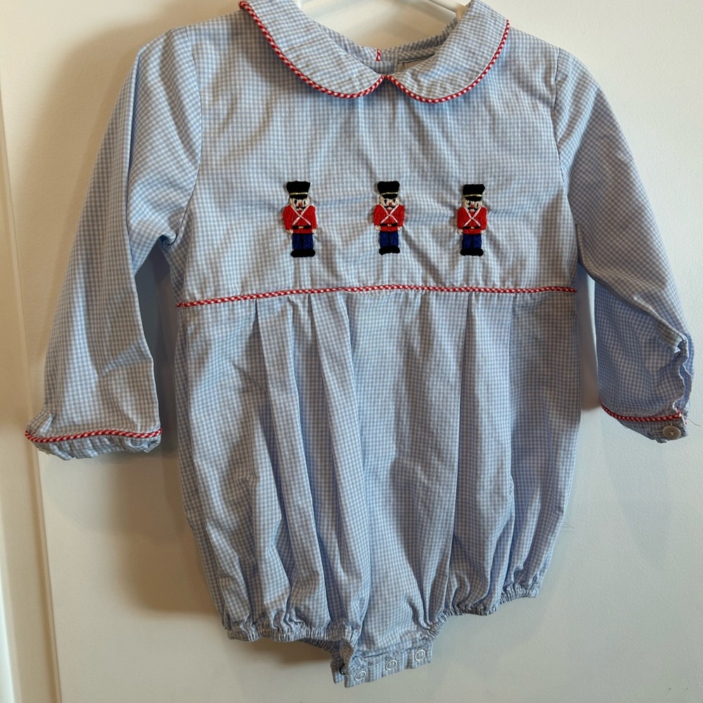 Blue Gingham Kids Bubble with Toy Soldier Embroidery and Red Piping